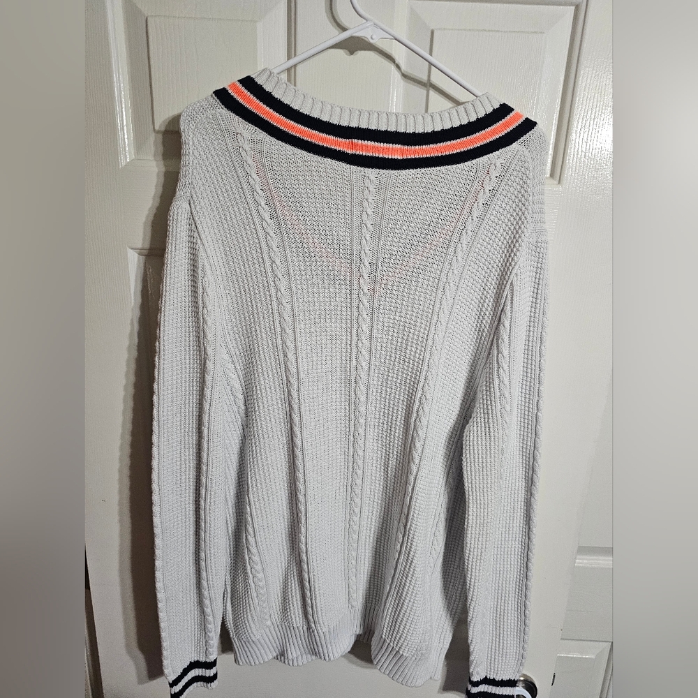 Club Room Mens Large White Cable Knit Cricket Sweater Preppy Varsity V Neck - Picture 3 of 6
